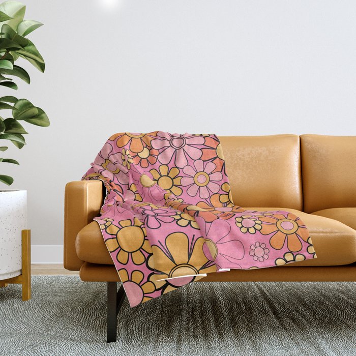 Groovy Retro Garden 60s 70s Floral Pattern in Pink and Orange Tones Throw Blanket Gallery Image 1