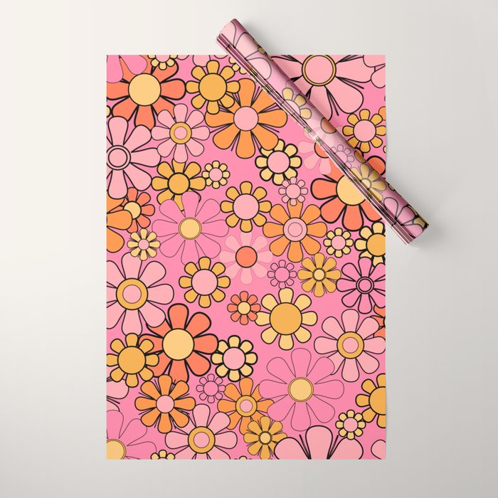 Groovy Retro Garden 60s 70s Floral Pattern in Pink and Orange Tones Wrapping Paper Gallery Image 1