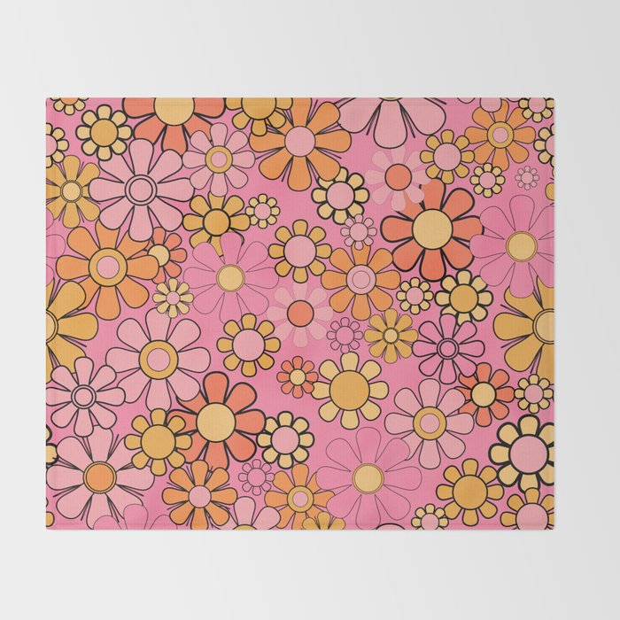 Groovy Retro Garden 60s 70s Floral Pattern in Pink and Orange Tones Throw Blanket Gallery Image 2