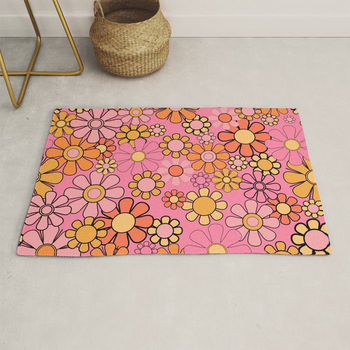Groovy Retro Garden 60s 70s Floral Pattern in Pink and Orange Tones Rug Gallery Image 1