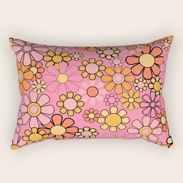 Groovy Retro Garden 60s 70s Floral Pattern in Pink and Orange Tones Rectangular Pillow Gallery Image 1