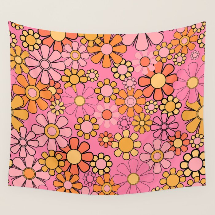 Groovy Retro Garden 60s 70s Floral Pattern in Pink and Orange Tones Wall Tapestry Gallery Image 1