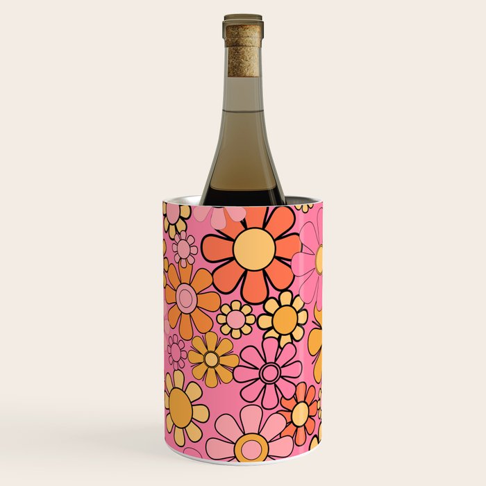 Groovy Retro Garden 60s 70s Floral Pattern in Pink and Orange Tones Wine Chiller Gallery Image 3