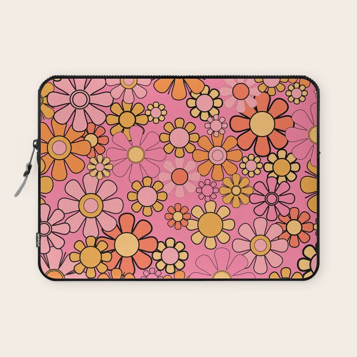 Groovy Retro Garden 60s 70s Floral Pattern in Pink and Orange Tones Laptop Sleeve Gallery Image 1