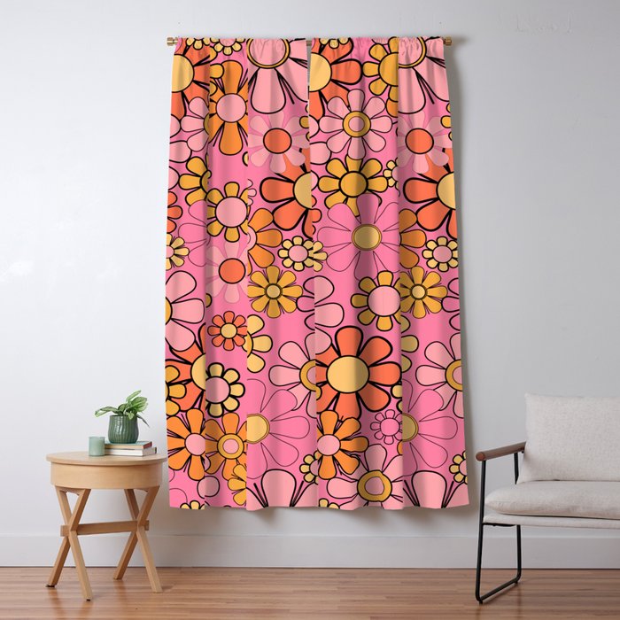 Groovy Retro Garden 60s 70s Floral Pattern in Pink and Orange Tones Window Curtain Gallery Image 5