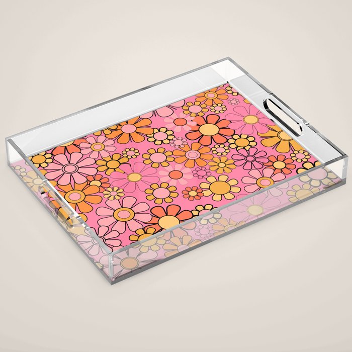 Groovy Retro Garden 60s 70s Floral Pattern in Pink and Orange Tones Acrylic Tray Gallery Image 1