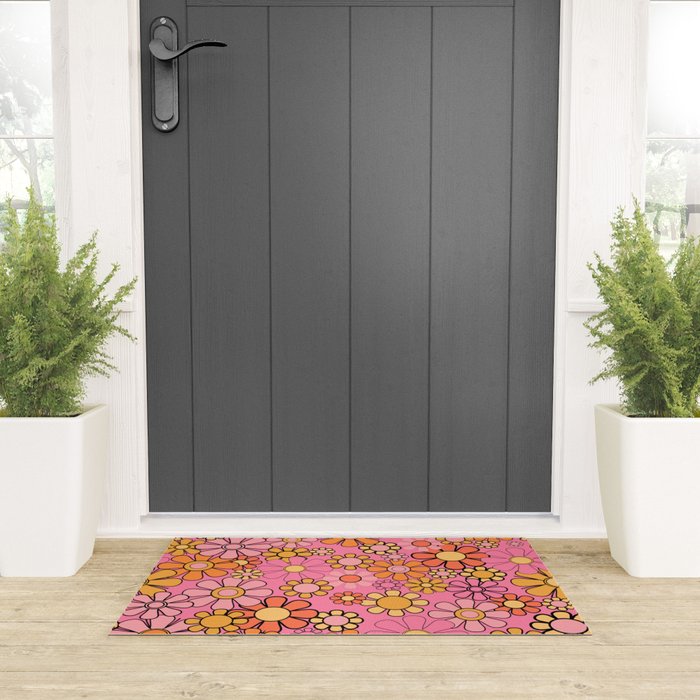 Groovy Retro Garden 60s 70s Floral Pattern in Pink and Orange Tones Welcome Mat Gallery Image 3