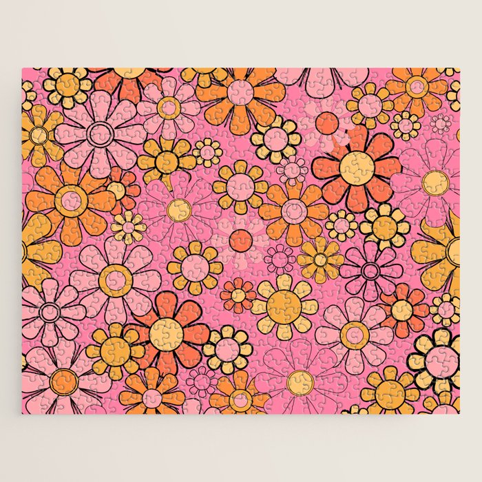 Groovy Retro Garden 60s 70s Floral Pattern in Pink and Orange Tones Jigsaw Puzzle Gallery Image 1