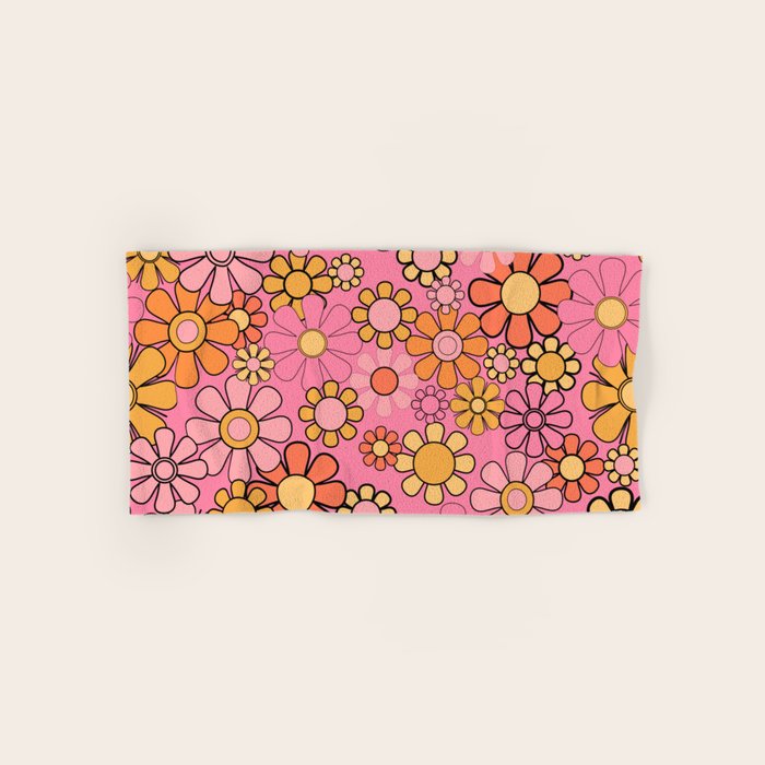 Groovy Retro Garden 60s 70s Floral Pattern in Pink and Orange Tones Bath Towel Gallery Image 1