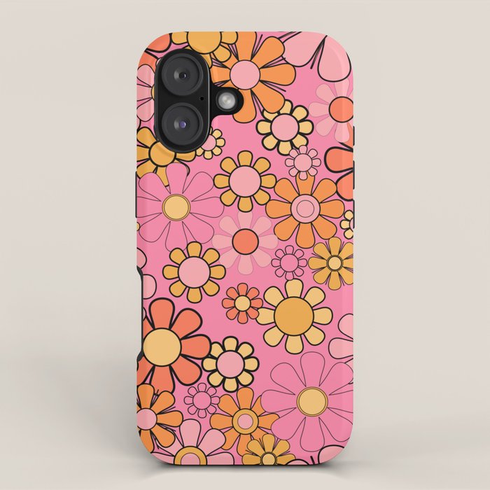 Groovy Retro Garden 60s 70s Floral Pattern in Pink and Orange Tones iPhone Case Gallery Image 1