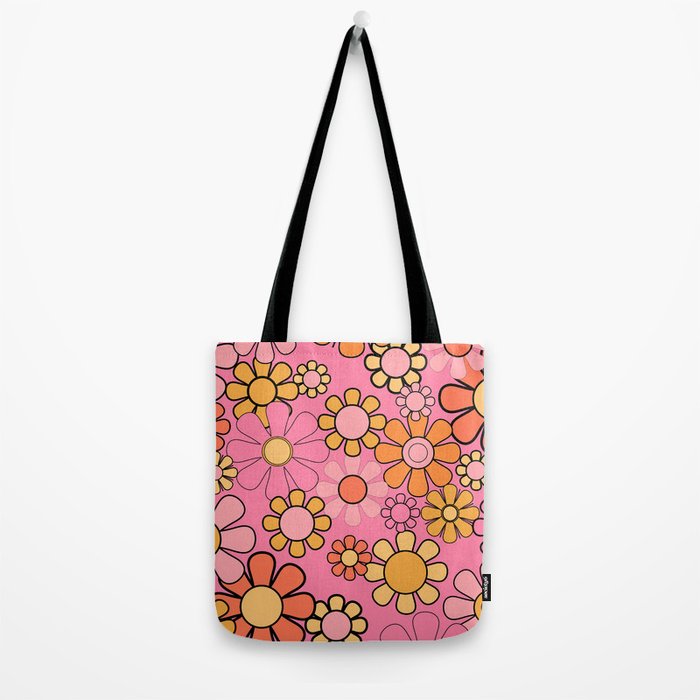 Groovy Retro Garden 60s 70s Floral Pattern in Pink and Orange Tones Tote Bag Gallery Image 2