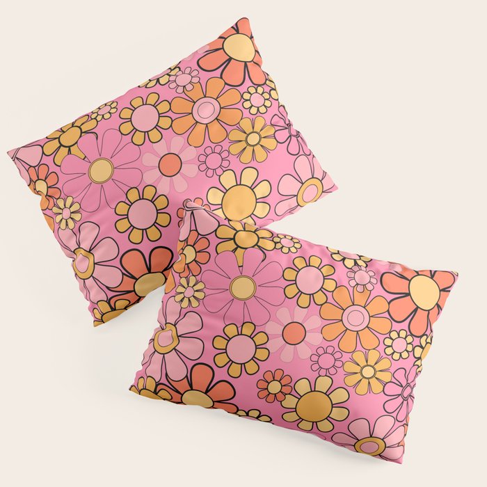Groovy Retro Garden 60s 70s Floral Pattern in Pink and Orange Tones Pillow Sham Gallery Image 1