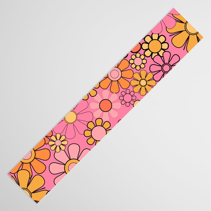 Groovy Retro Garden 60s 70s Floral Pattern in Pink and Orange Tones Table Runner Gallery Image 3