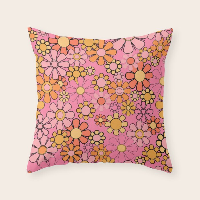 Groovy Retro Garden 60s 70s Floral Pattern in Pink and Orange Tones Throw Pillow Gallery Image 1