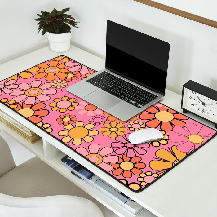 Groovy Retro Garden 60s 70s Floral Pattern in Pink and Orange Tones Desk Mat Gallery Image 2