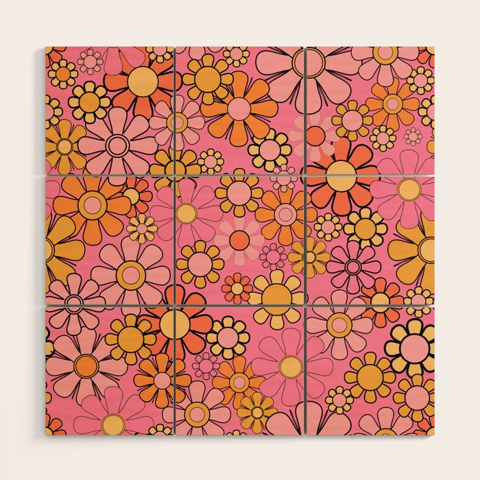 Groovy Retro Garden 60s 70s Floral Pattern in Pink and Orange Tones Wood Wall Art Gallery Image 1