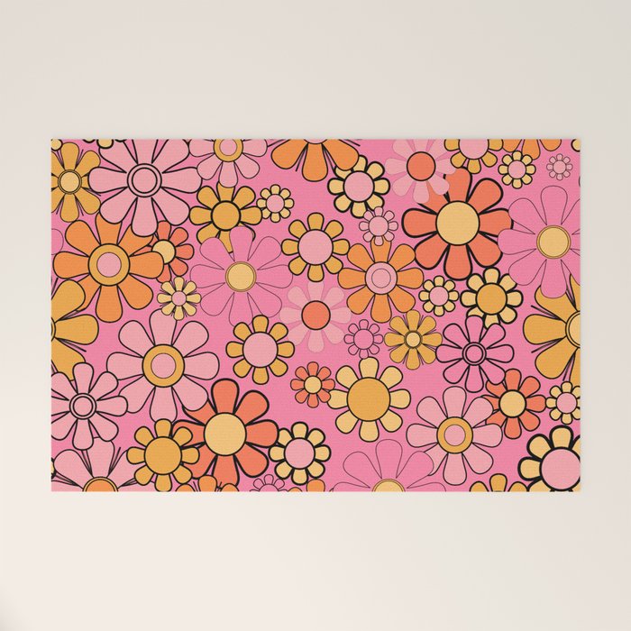 Groovy Retro Garden 60s 70s Floral Pattern in Pink and Orange Tones Welcome Mat Gallery Image 1