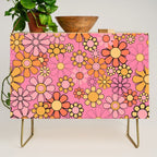 Groovy Retro Garden 60s 70s Floral Pattern in Pink and Orange Tones Credenza Gallery Image 1