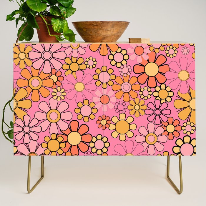 Groovy Retro Garden 60s 70s Floral Pattern in Pink and Orange Tones Credenza Gallery Image 1