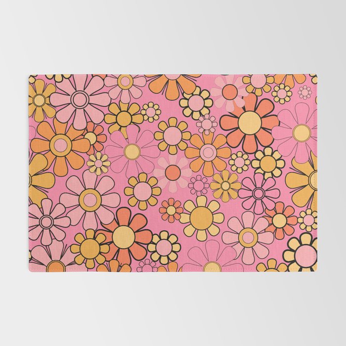 Groovy Retro Garden 60s 70s Floral Pattern in Pink and Orange Tones Rug Gallery Image 2