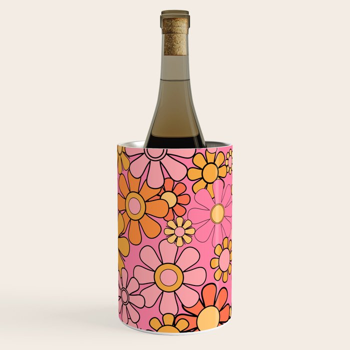 Groovy Retro Garden 60s 70s Floral Pattern in Pink and Orange Tones Wine Chiller Gallery Image 2