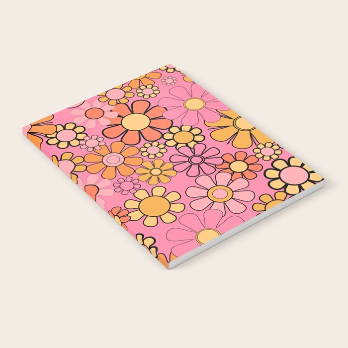 Groovy Retro Garden 60s 70s Floral Pattern in Pink and Orange Tones Notebook Gallery Image 1