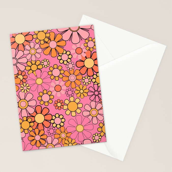 Groovy Retro Garden 60s 70s Floral Pattern in Pink and Orange Tones Stationery Card Gallery Image 2