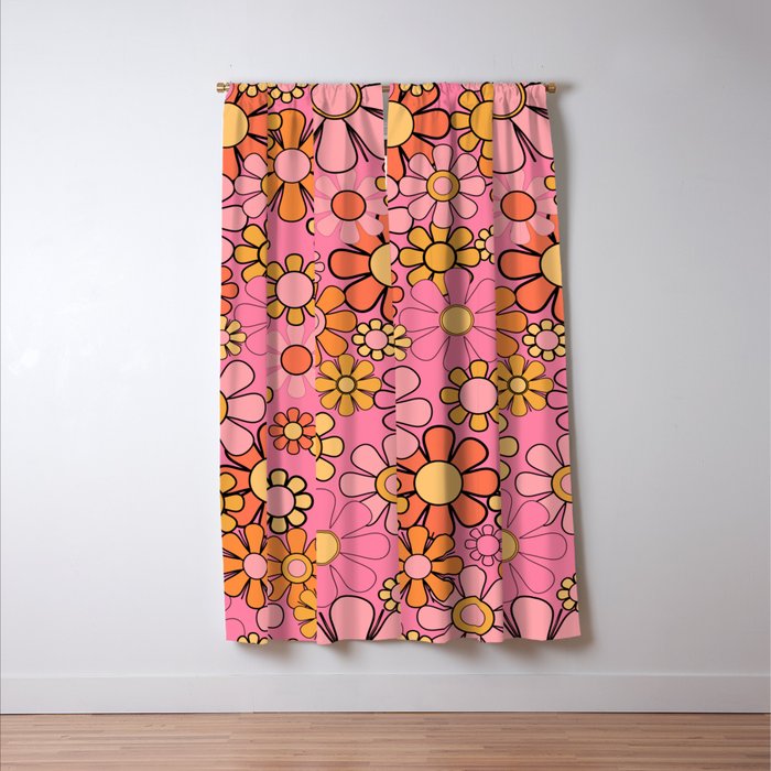 Groovy Retro Garden 60s 70s Floral Pattern in Pink and Orange Tones Window Curtain Gallery Image 3