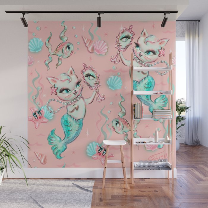Merkittens with Pearls on blush Wall Mural Gallery Image 1