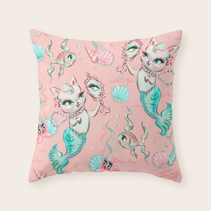 Merkittens with Pearls on blush Throw Pillow Gallery Image 6
