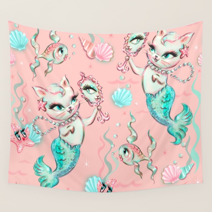 Merkittens with Pearls on blush Wall Tapestry Gallery Image 4