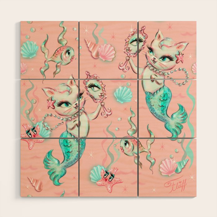 Merkittens with Pearls on blush Wood Wall Art Gallery Image 1