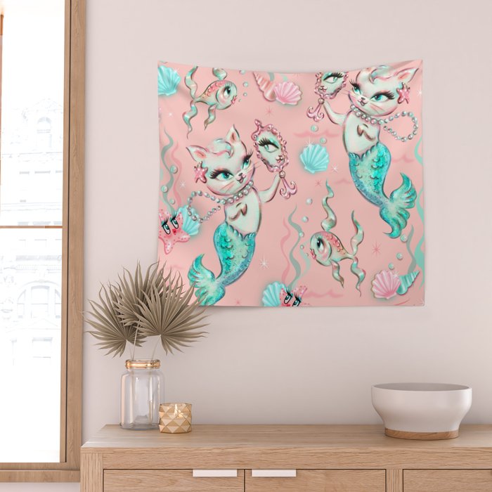 Merkittens with Pearls on blush Wall Tapestry Gallery Image 2