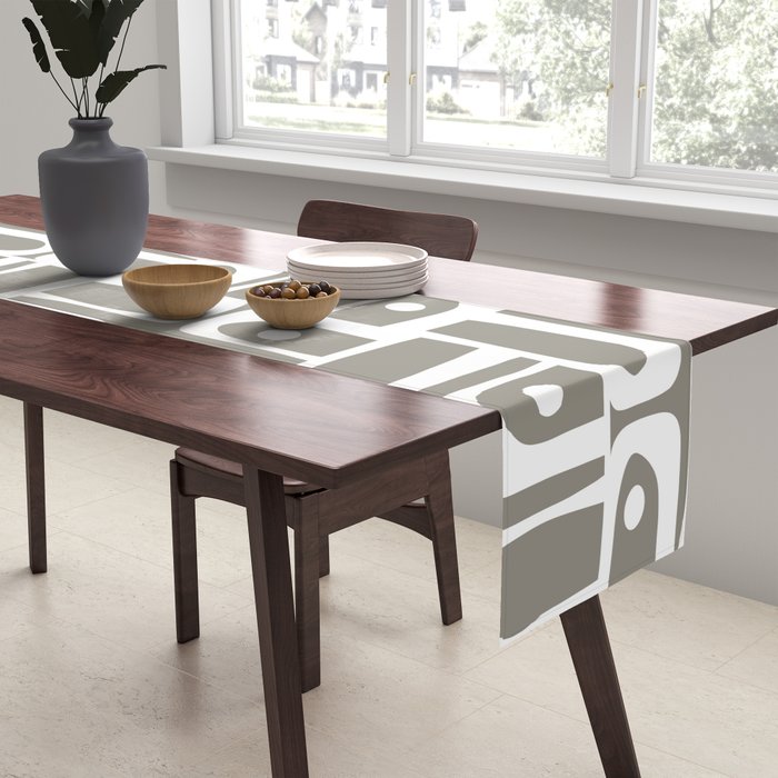 Mid Century Modern Piquet Geometric Multi Gray and White Pattern Table Runner Gallery Image 2