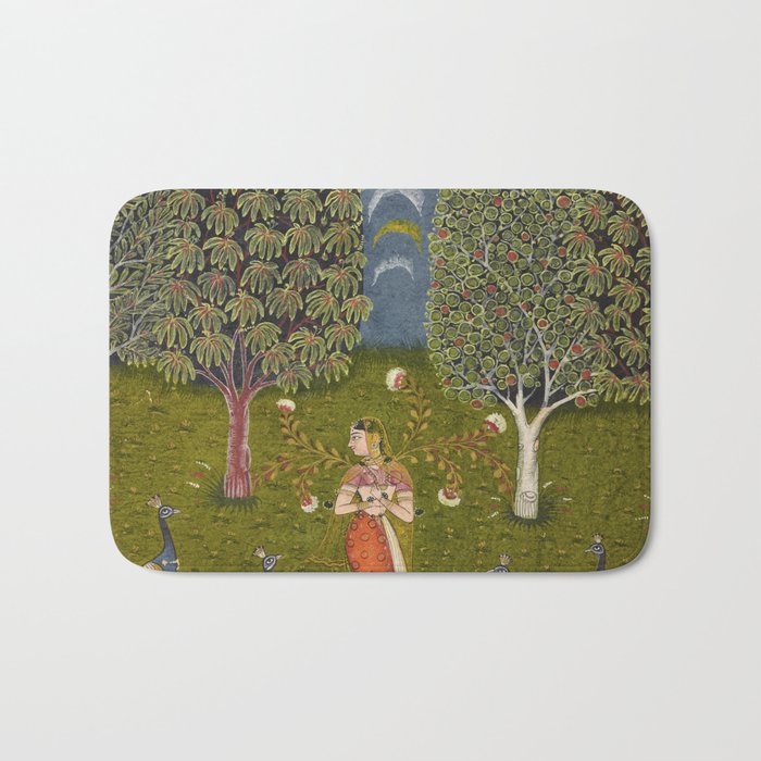 Indian Miniature Painted Illustration Princess In the Peacock Garden Floral Pose Bath Mat Gallery Image 1