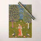 Indian Miniature Painted Illustration Princess In the Peacock Garden Floral Pose Wrapping Paper Gallery Image 1