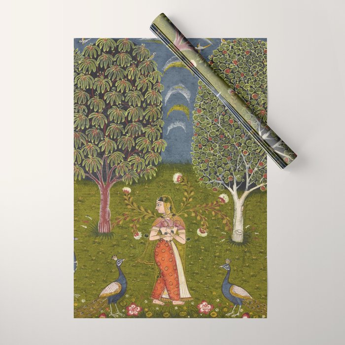 Indian Miniature Painted Illustration Princess In the Peacock Garden Floral Pose Wrapping Paper Gallery Image 1