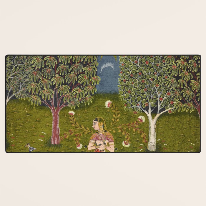 Indian Miniature Painted Illustration Princess In the Peacock Garden Floral Pose Desk Mat Gallery Image 3
