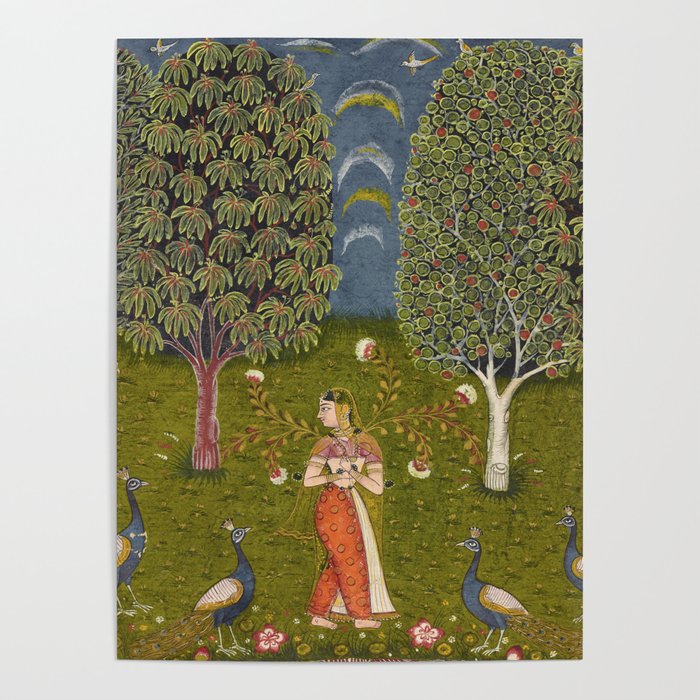 Indian Miniature Painted Illustration Princess In the Peacock Garden Floral Pose Poster Gallery Image 4