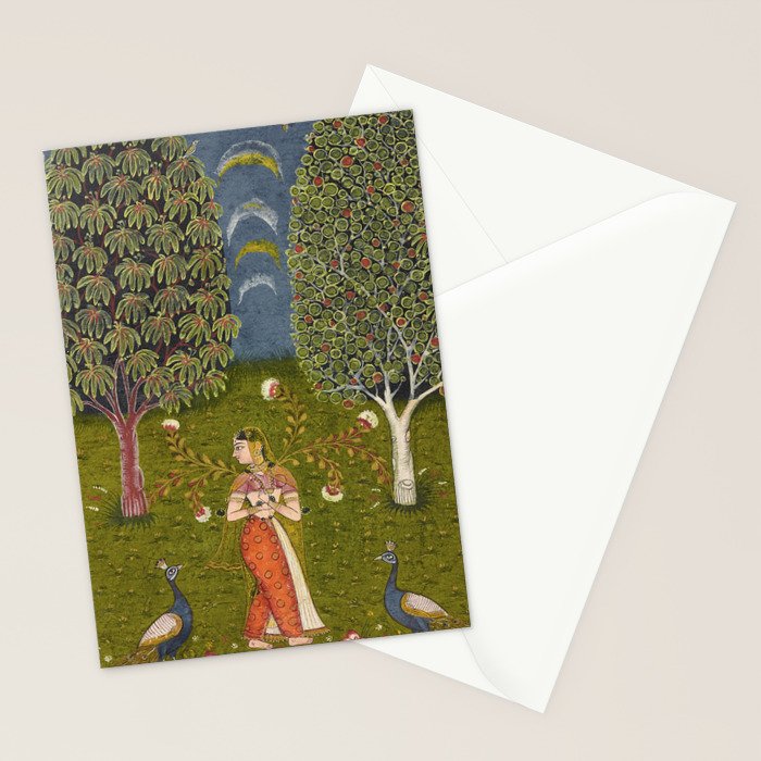 Indian Miniature Painted Illustration Princess In the Peacock Garden Floral Pose Stationery Card Gallery Image 2