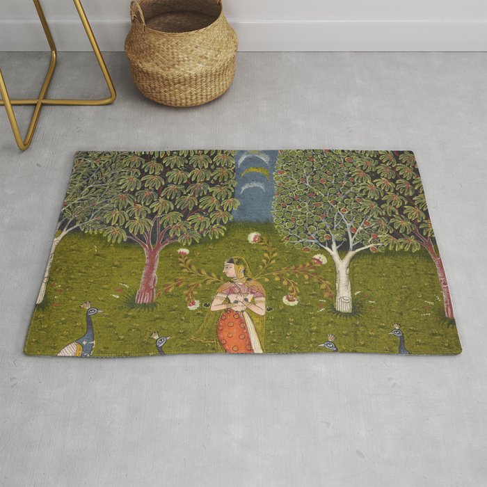 Indian Miniature Painted Illustration Princess In the Peacock Garden Floral Pose Rug Gallery Image 1