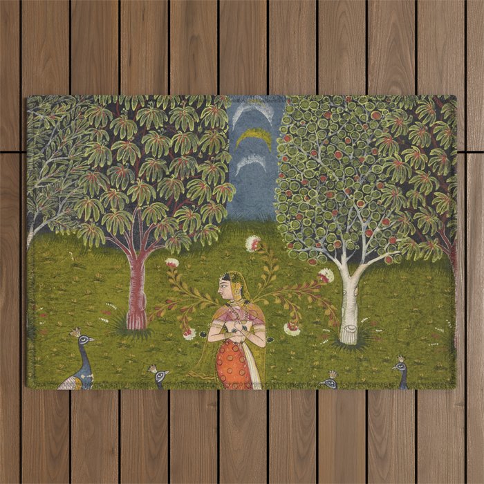 Indian Miniature Painted Illustration Princess In the Peacock Garden Floral Pose Outdoor Rug Gallery Image 1