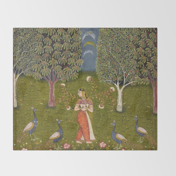 Indian Miniature Painted Illustration Princess In the Peacock Garden Floral Pose Throw Blanket Gallery Image 2