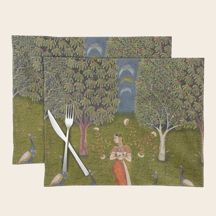 Indian Miniature Painted Illustration Princess In the Peacock Garden Floral Pose Placemat Gallery Image 1