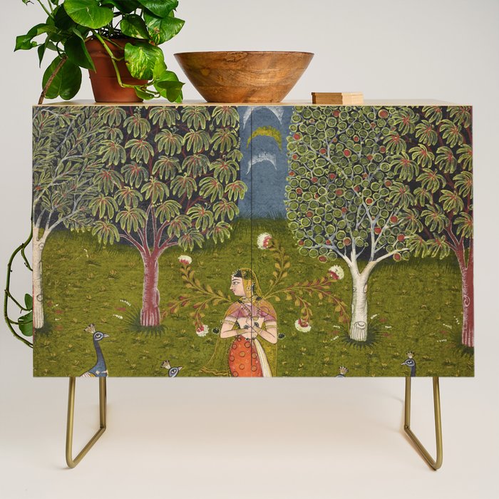 Indian Miniature Painted Illustration Princess In the Peacock Garden Floral Pose Credenza Gallery Image 1