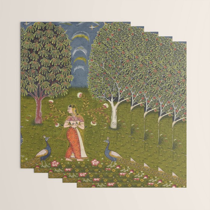 Indian Miniature Painted Illustration Princess In the Peacock Garden Floral Pose Wrapping Paper Gallery Image 3