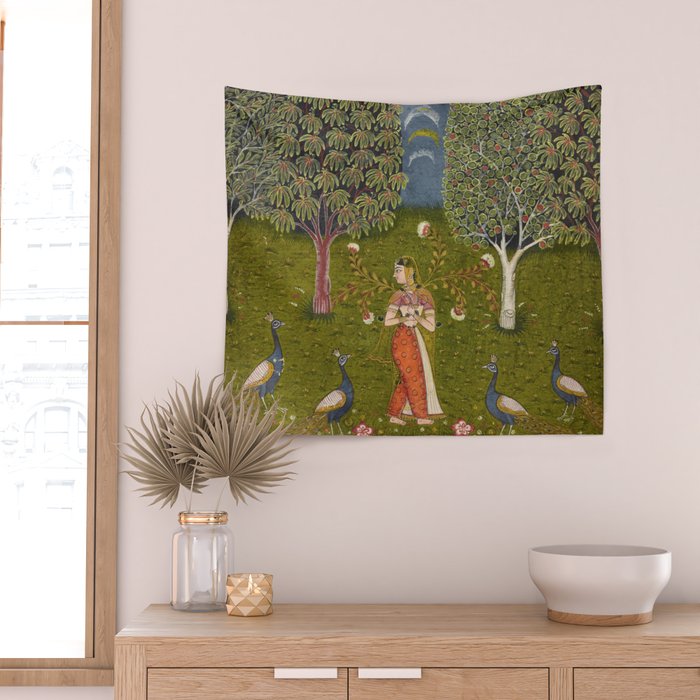 Indian Miniature Painted Illustration Princess In the Peacock Garden Floral Pose Wall Tapestry Gallery Image 2