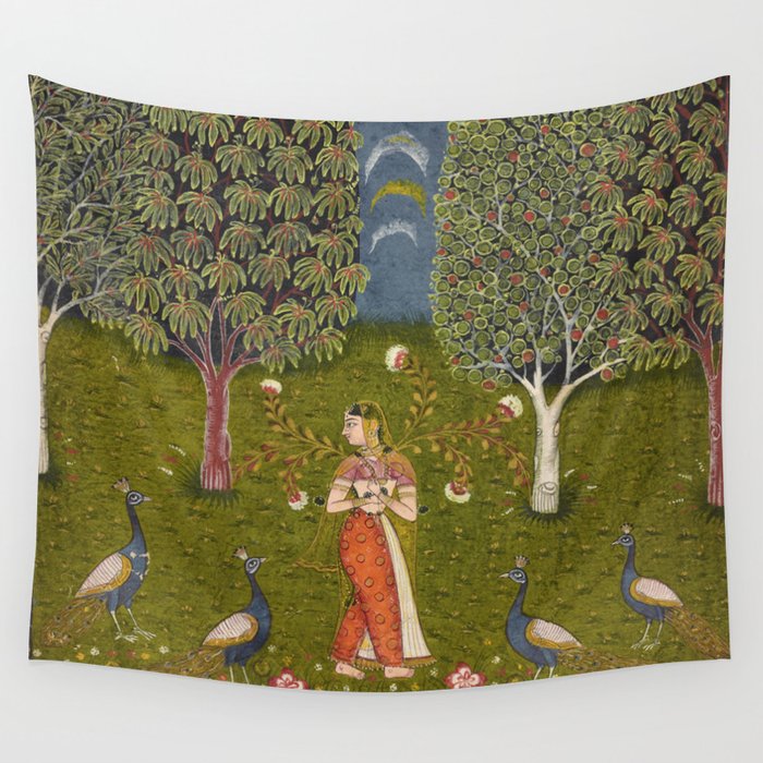Indian Miniature Painted Illustration Princess In the Peacock Garden Floral Pose Wall Tapestry Gallery Image 4