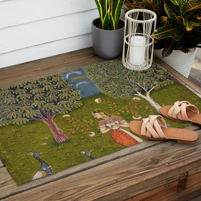 Indian Miniature Painted Illustration Princess In the Peacock Garden Floral Pose Outdoor Rug Gallery Image 2