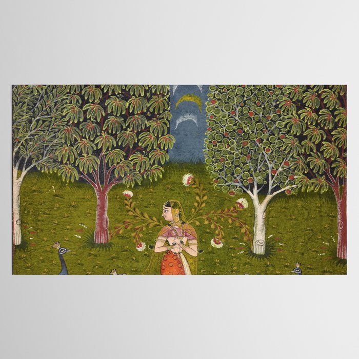 Indian Miniature Painted Illustration Princess In the Peacock Garden Floral Pose Tablecloth Gallery Image 2